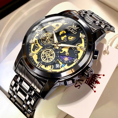 Top Brand Luxury Original Waterproof Quartz Watch for Man Gold Skeleton Style 24 Hour Day Night New