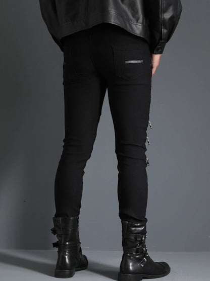 Men's Motorcycle Gothic Steampunk Zippers studded Rivet Elastic Stretchy Denim Jeans Biker Pants