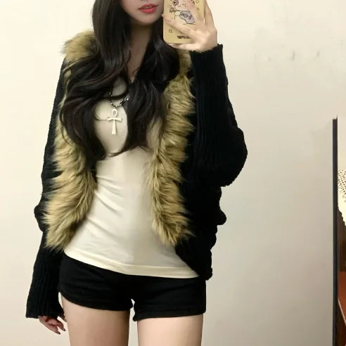 Black Furry Loose Cardigan Fashion Cardigan Millennial Harajuku Style Y2k Hot Girl Cardigan