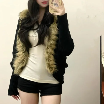 Black Furry Loose Cardigan Fashion Cardigan Millennial Harajuku Style Y2k Hot Girl Cardigan