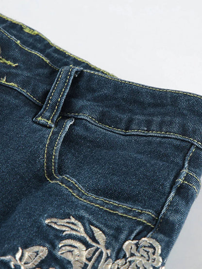 Woman's Flowers Embroidered Flared Denim Pants Slim Dragging Long Jeans