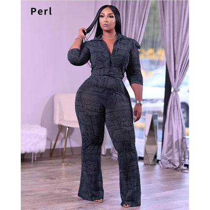 Long Sleeve Stretch Chiffon Print Denim Two Piece Set Plus Size