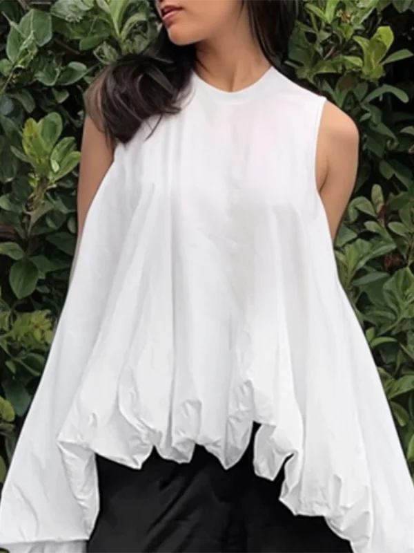 Women's High-Low Loose Pleated Round-Neck Vest Tops Sleeveless Casual Simple White Cotton T-shirts