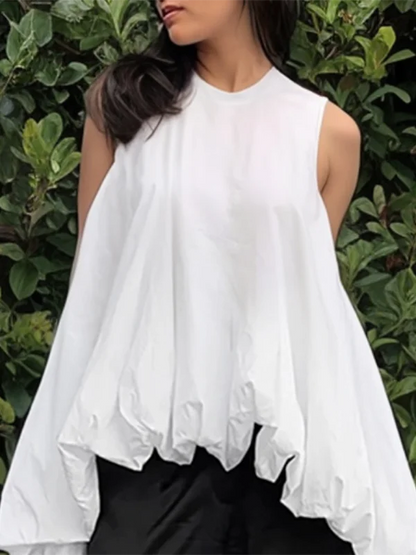 Women's High-Low Loose Pleated Round-Neck Vest Tops Sleeveless Casual Simple White Cotton T-shirts