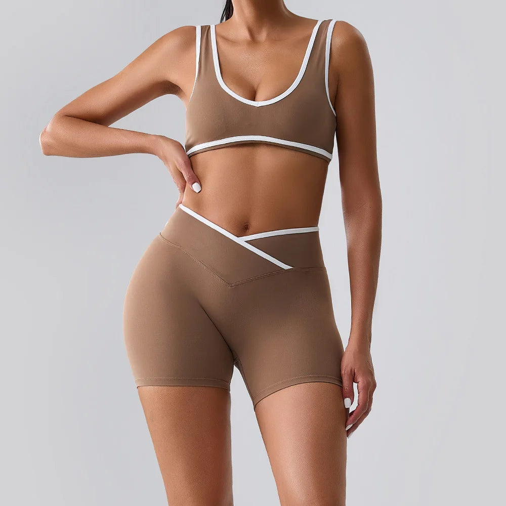 Seamless Yoga Sets Sports Fitness cross waist  Waist Hip-lifting Shorts Bra Suit