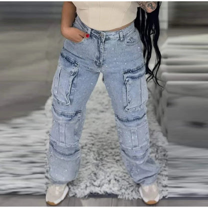 High Waist Cargo Denim Jeans With Full Rhinestones Sparkling Casual Baggy Pants Streetwear Chic Daily Trousers