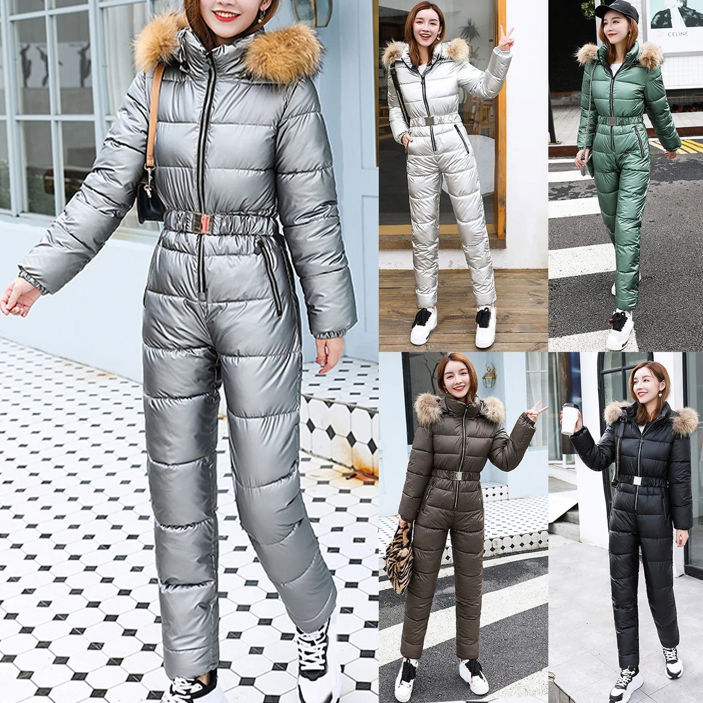 One Piece Outfit Ski Suit Winter Jumpsuit Parka Hooded Cotton Bodysuit Zipper