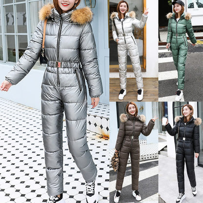 One Piece Outfit Ski Suit Winter Jumpsuit Parka Hooded Cotton Bodysuit Zipper