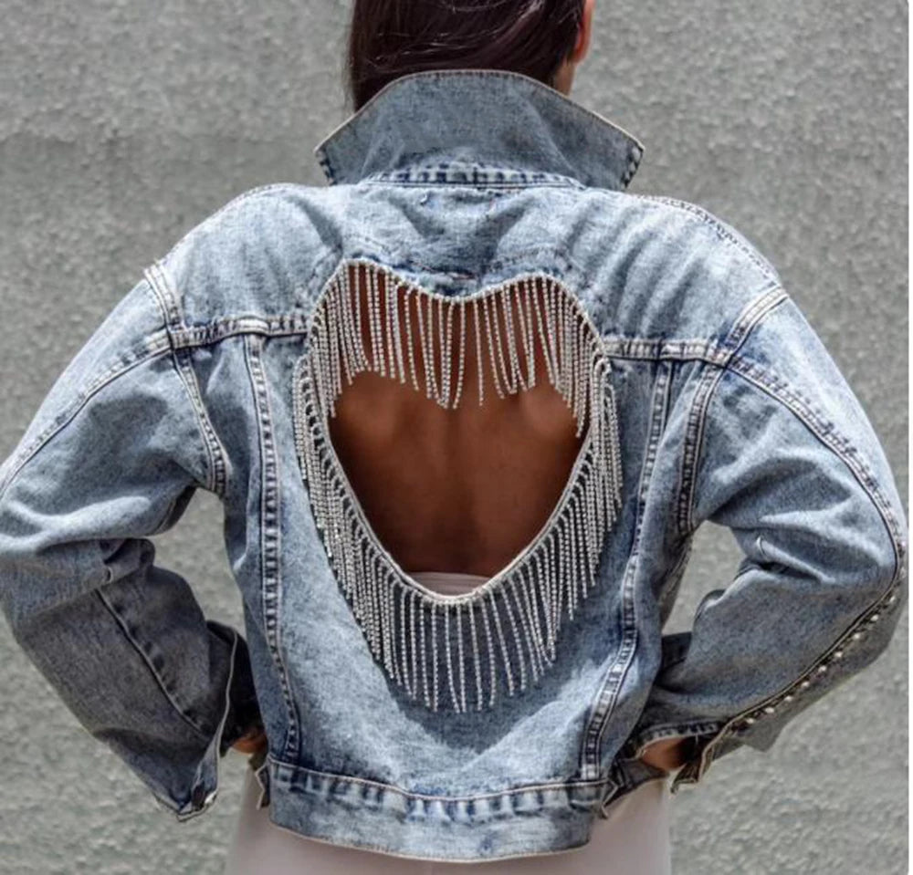 Denim Jacket Female Light Blue Diamond Tassel Coat Single-Breasted Open Back Women Jeans Coat