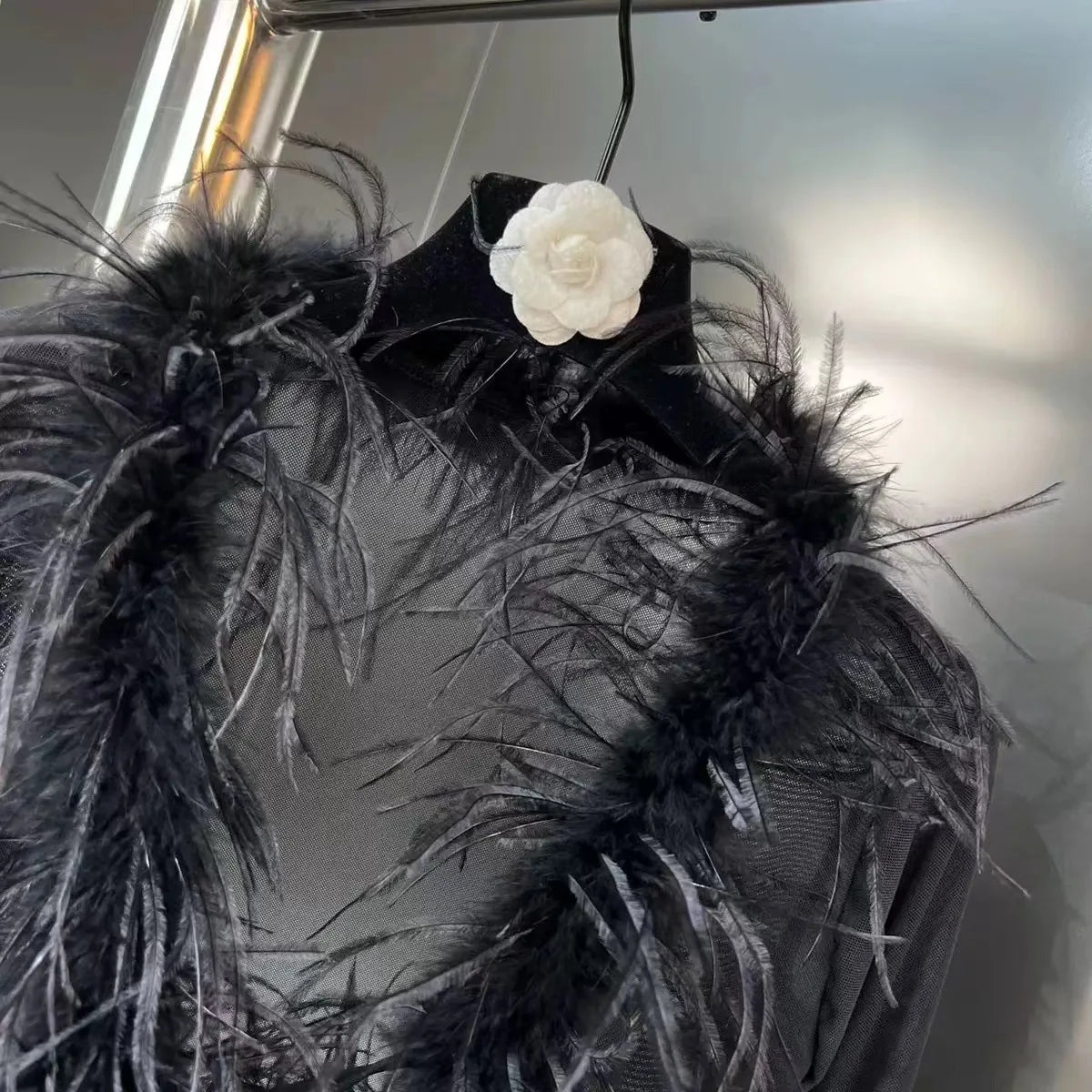 Sexy See Through Mesh Patchwork Ostrich Feather Hem Shirt 2025 New Autumn Winter Fashion Long Sleeve Night Club Party Tops Y2K