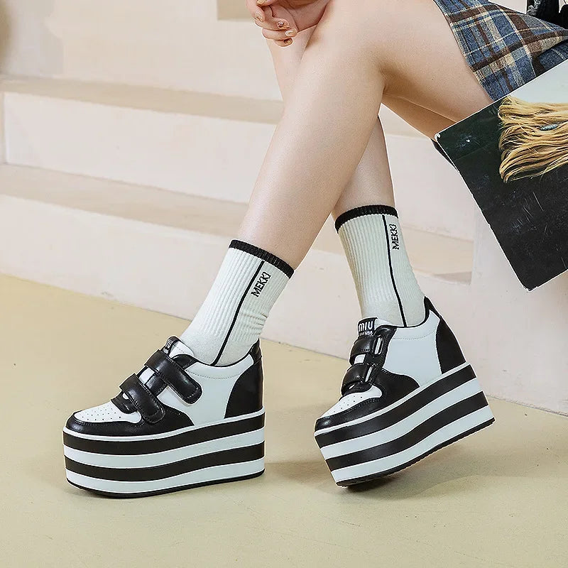 High quality 12cm Synthetic Genuine Leather Boot Ankle Platform Wedge High Brand Chunky Sneaker Shoes