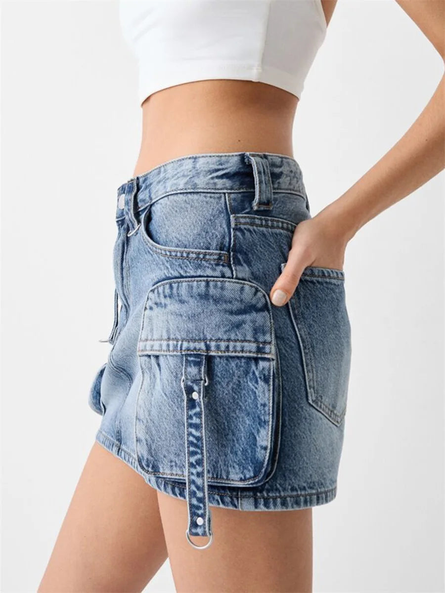 Women s High Waisted Denim Cargo Skirts with Side Pockets and Belt Loops Stylish A-line Mini Skirts for Casual Streetwear