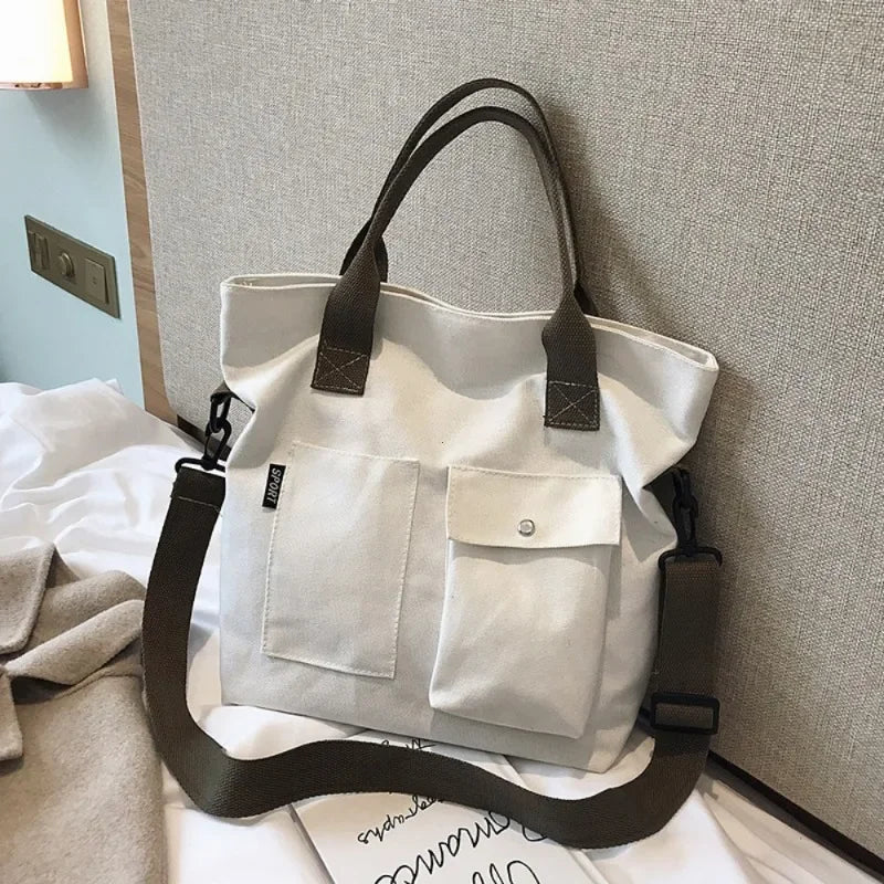 Fashion Canvas Bags Students Handbag Shoulder Bag Large Capacity Solid Color Totes Shopper Bag Casual Female CrossBody 2024