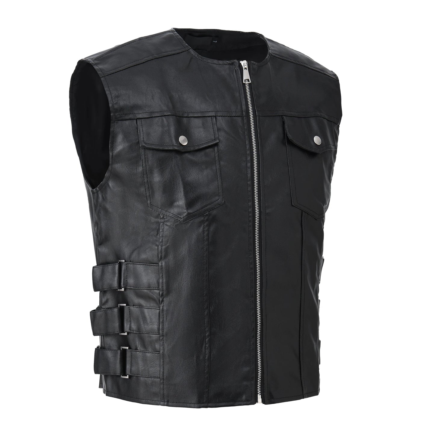 Men's Motorcycle Faux Leather Vest Sleeveless Collarless Waistcoat