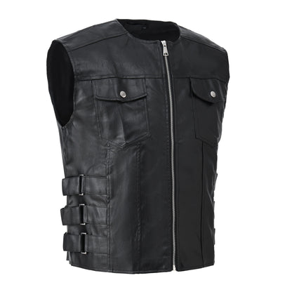 Men's Motorcycle Faux Leather Vest Sleeveless Collarless Waistcoat