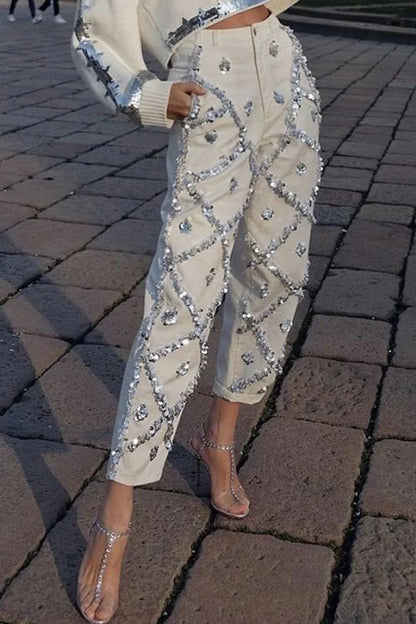 Sequin Decor Straight Leg Denim Jeans High Wait Elegant Casual Pockets Diamond Denim White / L White / XL White / XXL White / L-White / XL-White / XXL-White / XXXL-White / S-White / M-
