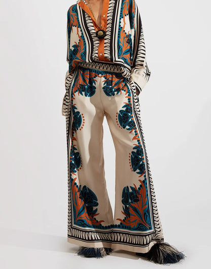 Vintage Print Pants Sets Women Irregular Loose Long Sleeve Shirt Wide Leg Trousers Two Piece Set Female Fashion Trend Streetwear