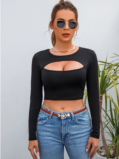 Women's Casual Round Neck Long Sleeve Crop Top Long Sleeve Hollow Fitness Crop Top