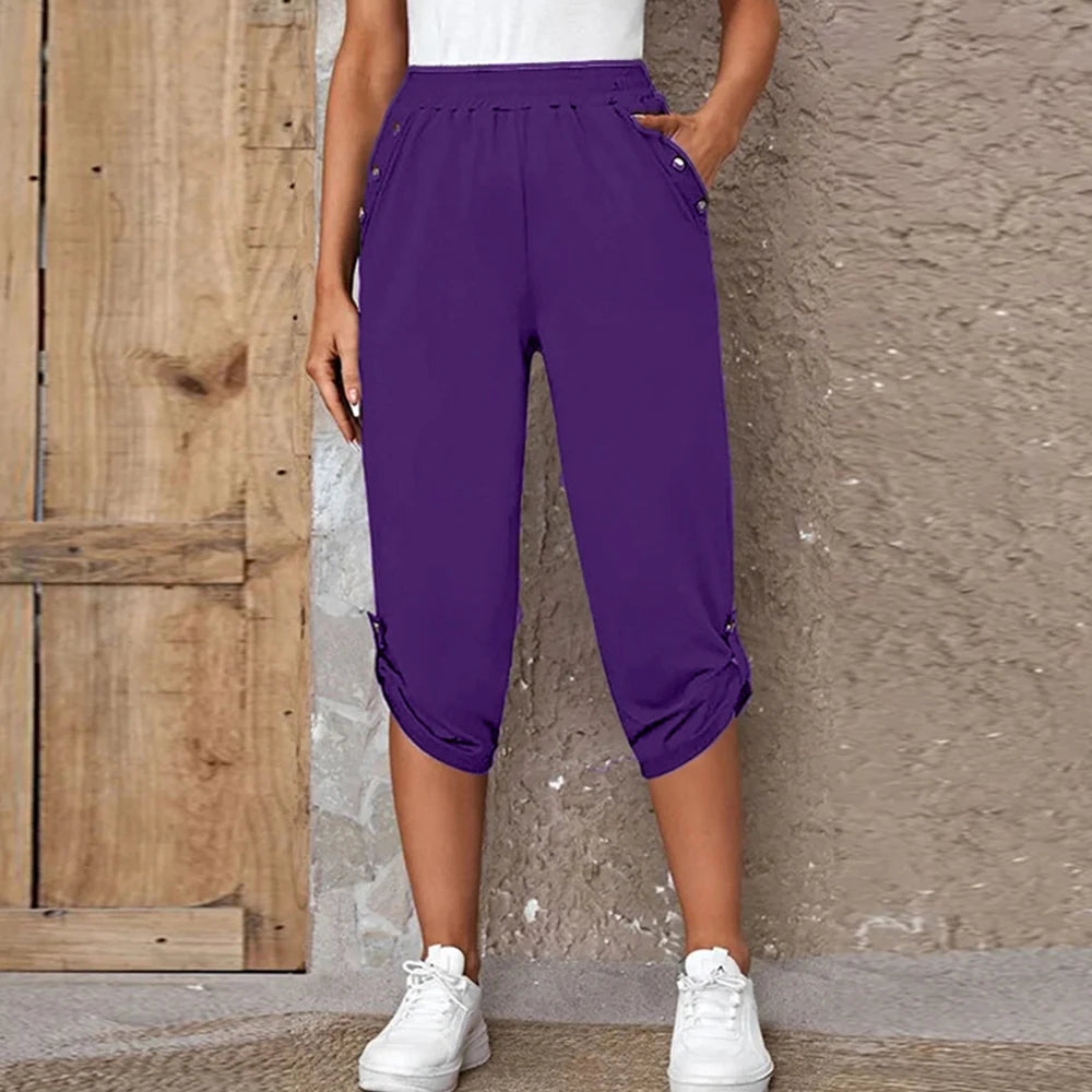 Women Elastic Waist Casual Trousers Bottom Elegant Office Lady Loose Cropped Pants
