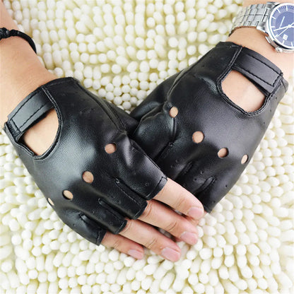 Unisex Black Leather Fingerless Gloves Solid Half Finger Driving Men  Punk Gloves