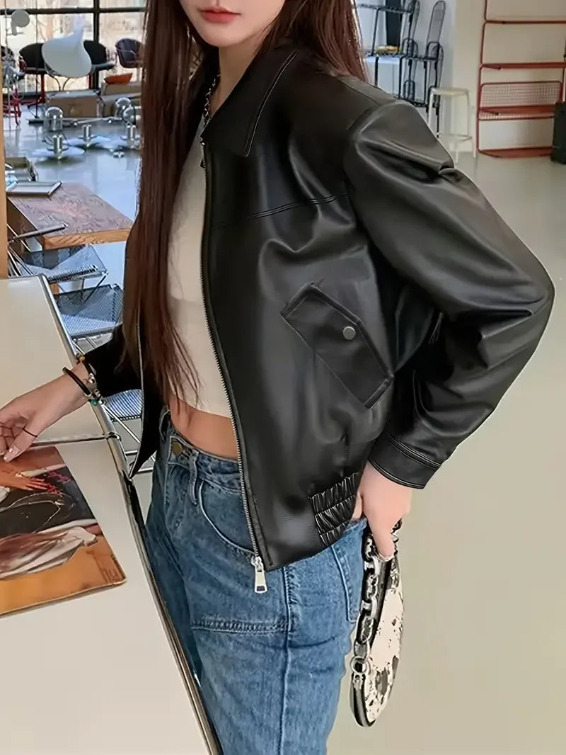 Women Fashion PU Motorcycle Jacket Zipper Pocket Leather Short Jacket