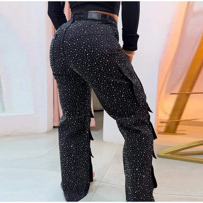 High Waist Cargo Denim Jeans With Full Rhinestones Sparkling Casual Baggy Pants Streetwear Chic Daily Trousers