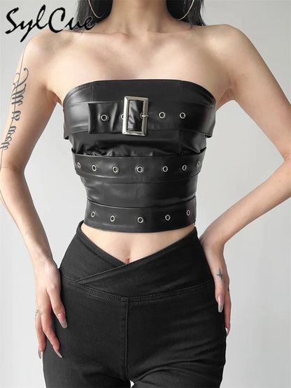 Retro Matte Black Mysterious All-Match Personality Fashionable Belt Chest Wrap Vest