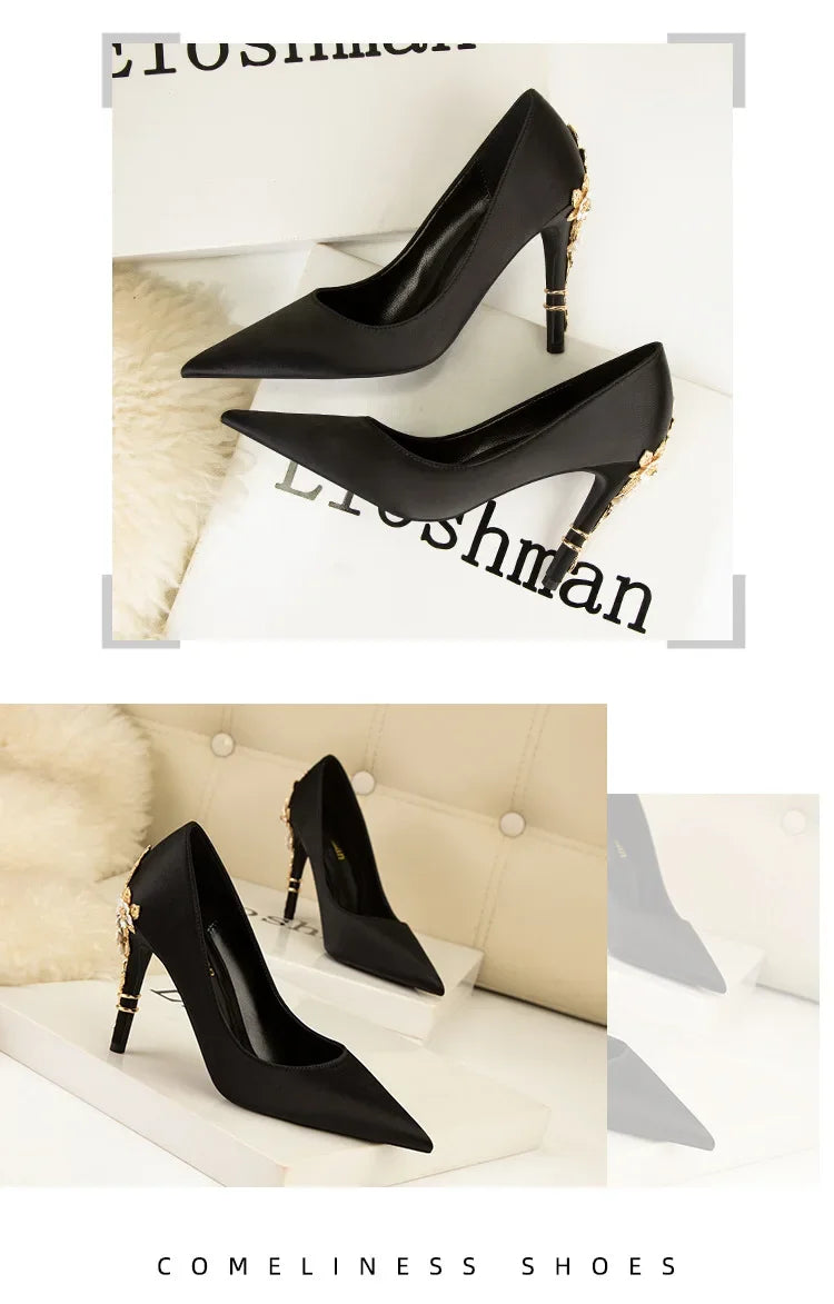 Women's Metal Flowers Stiletto High-heel Shoes Female  Light Luxury Wedding Shoes Pointed Toe