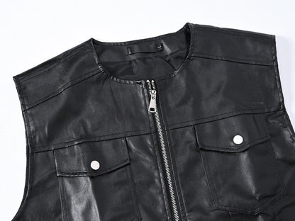 Men's Motorcycle Faux Leather Vest Sleeveless Collarless Waistcoat