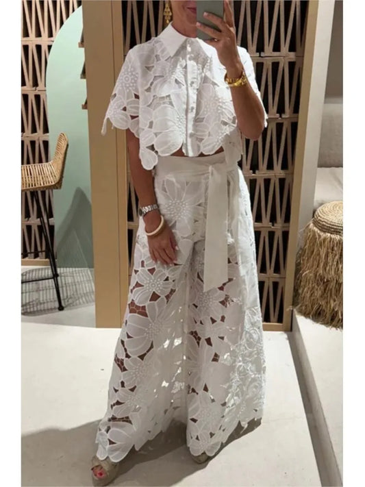 Lapel Single-breasted Shirt Top + Wide-leg Pants 2-piece Set Women Casual Hollow Suit