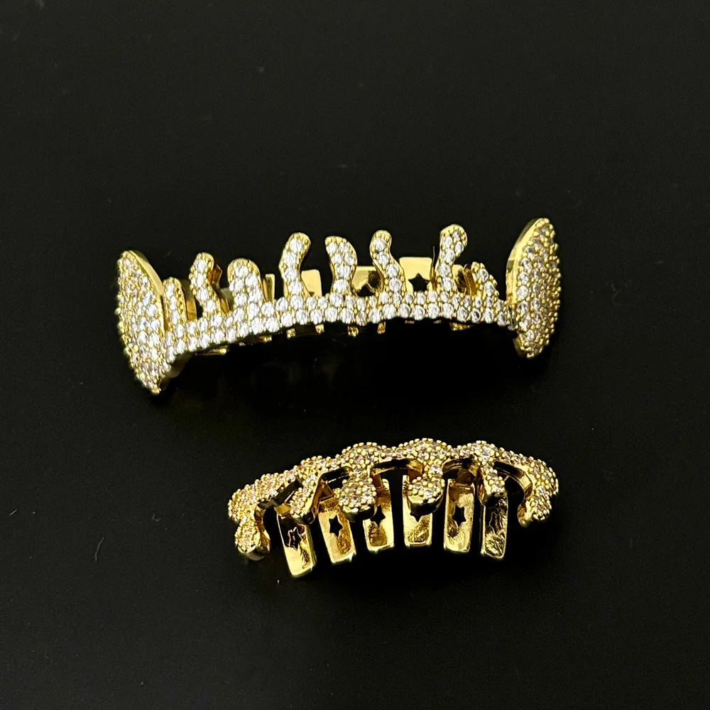 Flame CZ Stone Teeth Grillz Dental Grill 14K Gold Plated Waterdrop Zircon Tooth Cap Silver Bottom Silver Set Silver Top Silver Bottom-Silver Set-Silver Top-Gold Top-Gold Bottom-Gold Set-