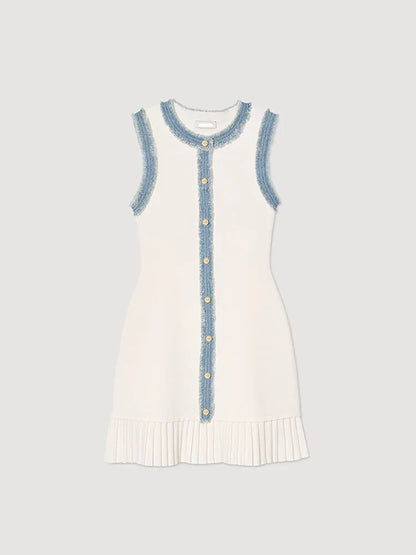 Denim Patchwork Skirts Round Collar Sleeveless Slim Dress Single-breasted Splicing