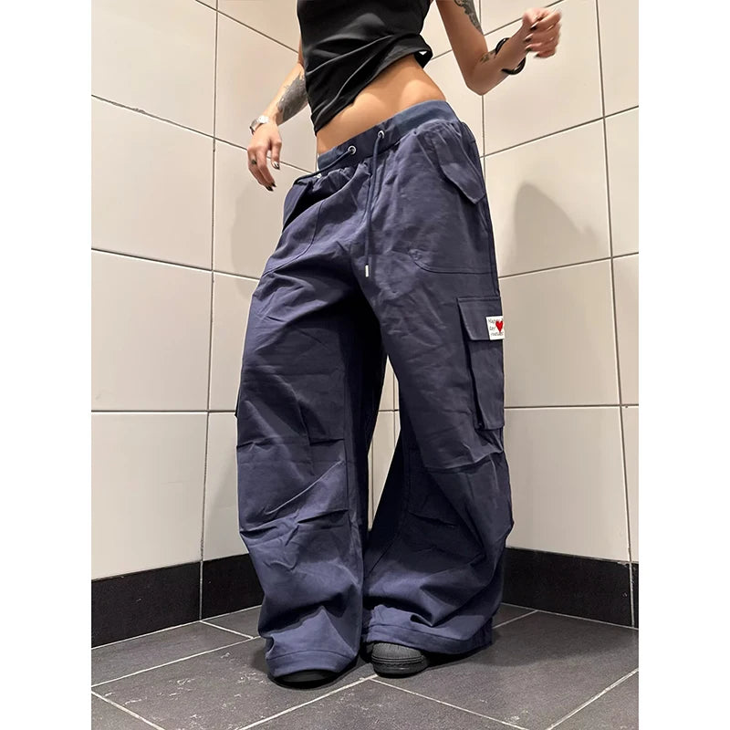 Women's Blue Baggy Letter Print Sweatpants Oversize Dance Pants Harajuku Japanese 2000s Style 90s Vintage Y2k Wide Trousers 2025