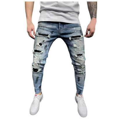 Slim Jeans Men's Paint Ripped Stitching Skinny Denim Casual Hollow Out Zipper