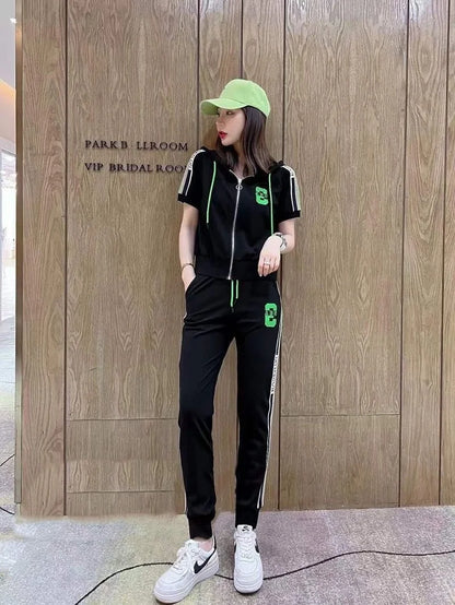 Women's Fashion Tracksuit Casual Suit Short Sleeve Hooded Top Pants Two Piece Set For Women