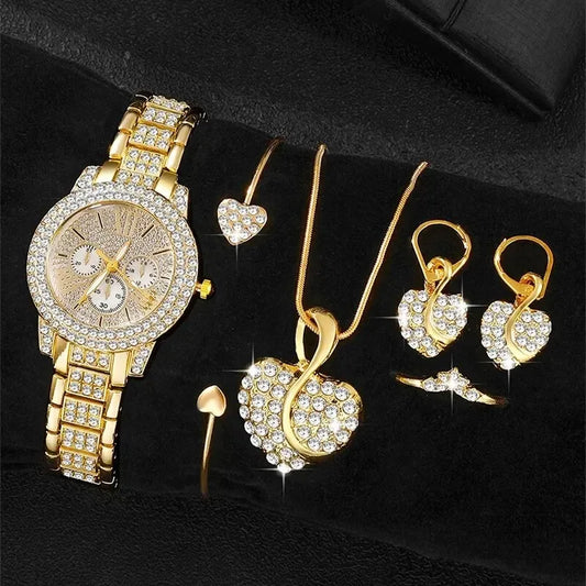 Luxury Women Ring Necklace Earring Rhinestone Wristwatch Jewelry Set