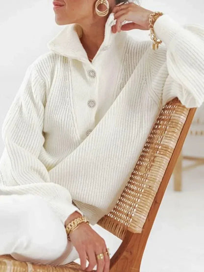 White High-Neck Sweaters Women Buttoned Long Sleeves Korean Style Knitted Pullover