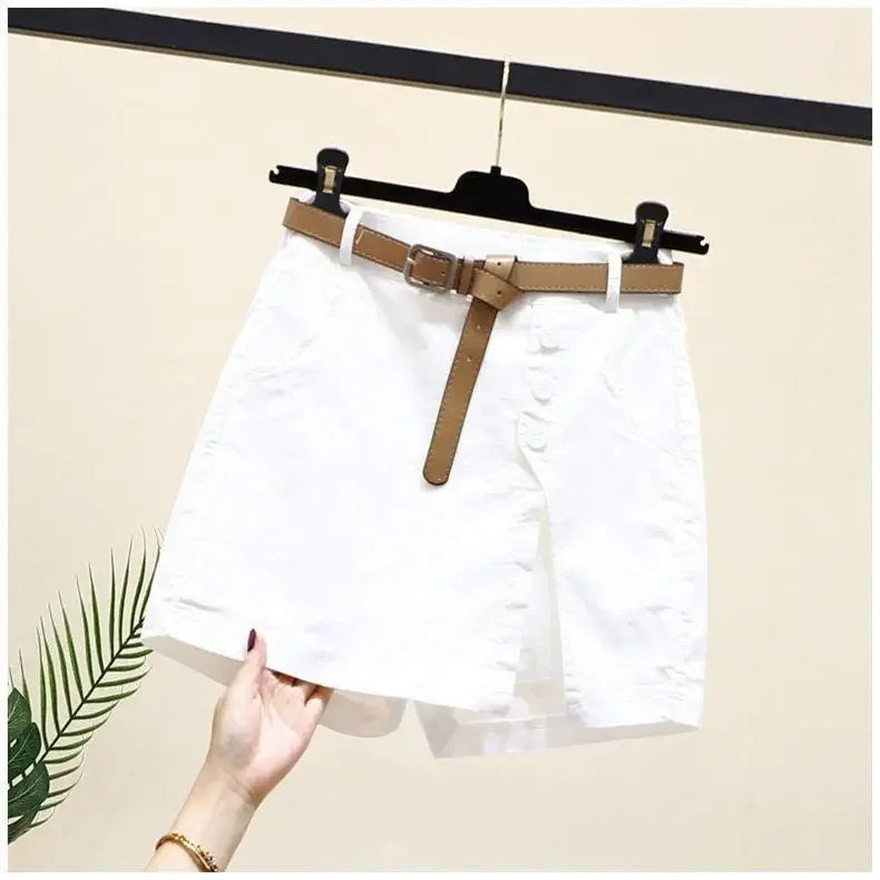 Cotton Shorts High Waist A- Line Skirt with Belt Pure Cotton Pants