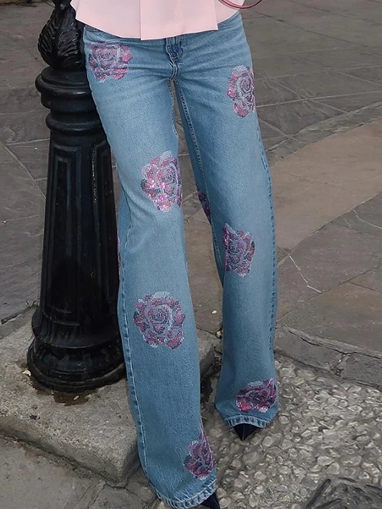 Floral-Shaped Diamond Light Blue Women Flared Denim Jeans High Waist Baggy Dragging Pants Vintage