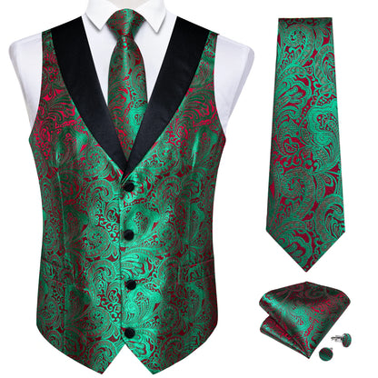 Men's Paisley Silk Suit Vest with Macthing Golden Paisley Neck Tie Handkerchief Cufflinks Wedding Prom Tuxedo Waistcoat
