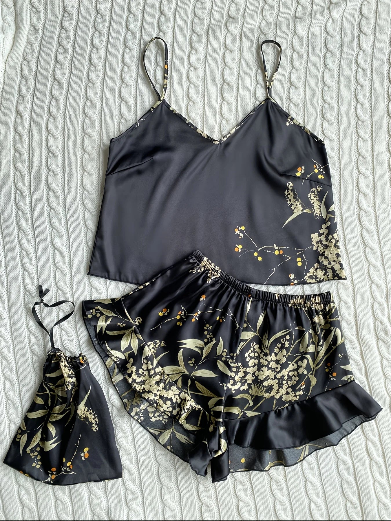 Elegant Floral Print Cami Tops   Ruffle Hem Shorts Pajama Set  Women's Sleepwear