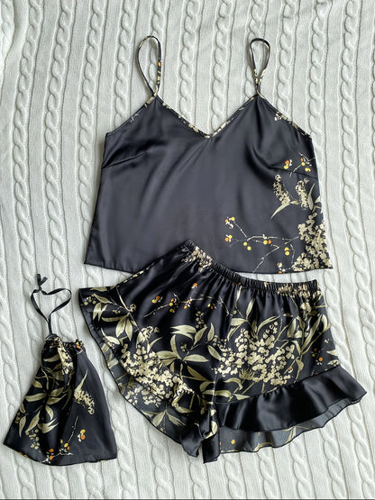 Elegant Floral Print Cami Tops   Ruffle Hem Shorts Pajama Set  Women's Sleepwear