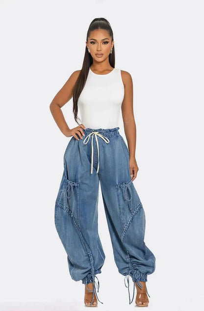 Lace Up Wide Leg Jeans Cargo Pants Women High Waist Elegant Streetwear Denim Loose Trousers