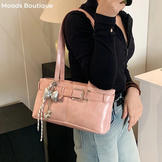 MOODS Belt Buckle Design Shoulder Satchels Bag Totes With Pendant