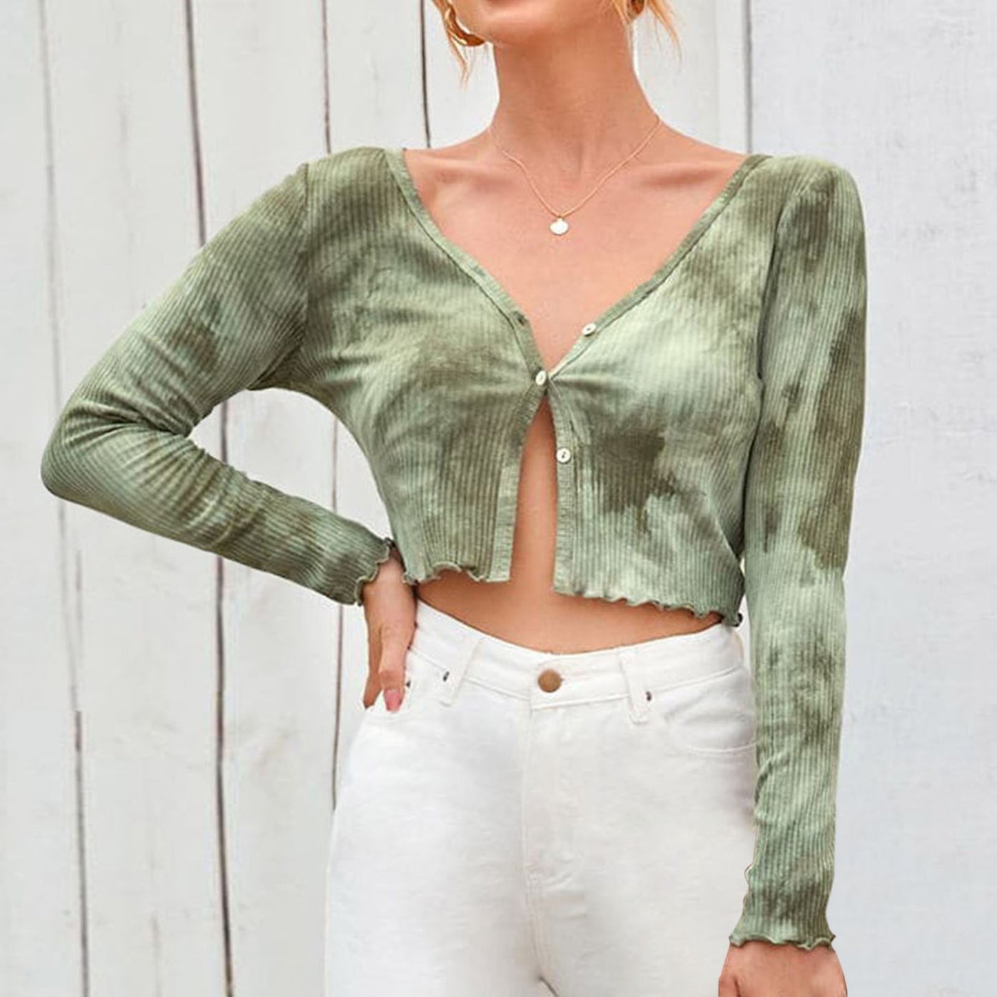 Tie Dye Ruched Crop Top V-neck Long Sleeve Ruffles Hem T-Shirt