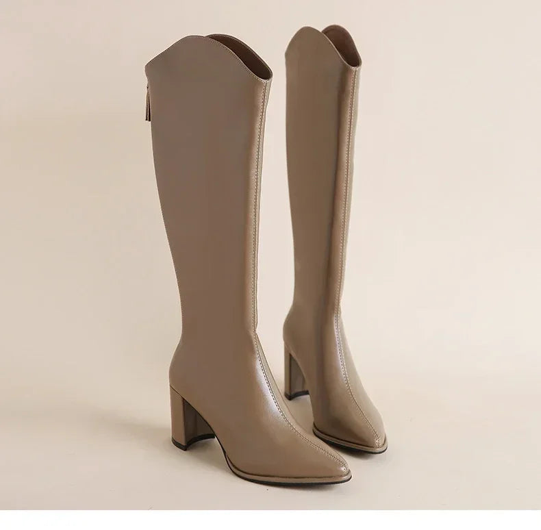Zipper Thick High Heels Simple Thick High Heels Autumn Winter Boots Knee High