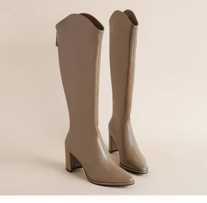 Zipper Thick High Heels Simple Thick High Heels Autumn Winter Boots Knee High