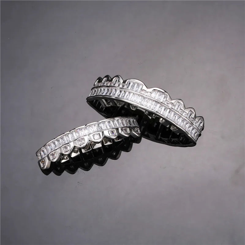 Baguette Teeth Grillz Set For Unisex Top Bottom Iced Out Cubic Zircon Stone Brass Material Hip Hop