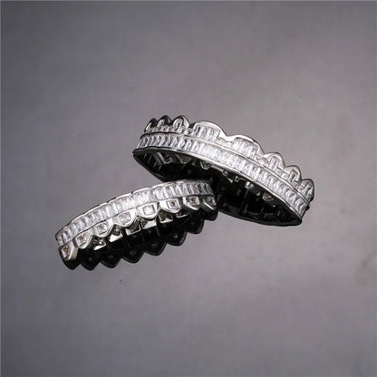 Baguette Teeth Grillz Set For Unisex Top Bottom Iced Out Cubic Zircon Stone Brass Material Hip Hop