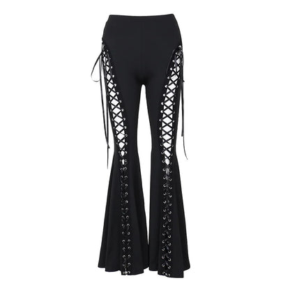 Dark Black Punk Flared Pants Long Trouser Women Lace Up Front Hollow Cut Out Bell Bottom Tied Up High Waist